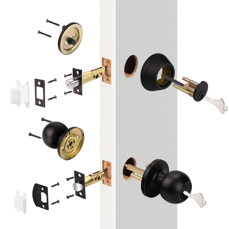 Probrico 5 Pack -Oil Rubbed Bronze Entry Knob and Single Cylinder Deadbolts,Keyed Alike Entry Handleset for Front Entrance Door, Deadbolt and Door knob Set, Modern Door Hardware - Image 5